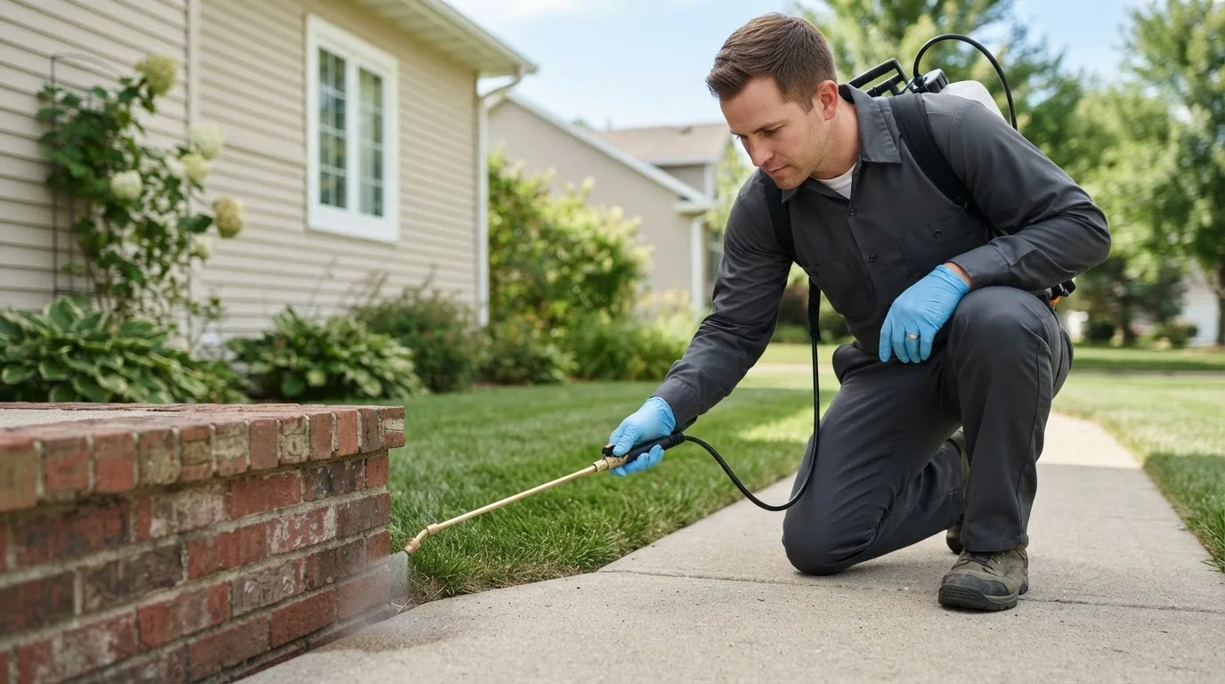 Pest control technician treating a home near Plymouth Meeting, PA